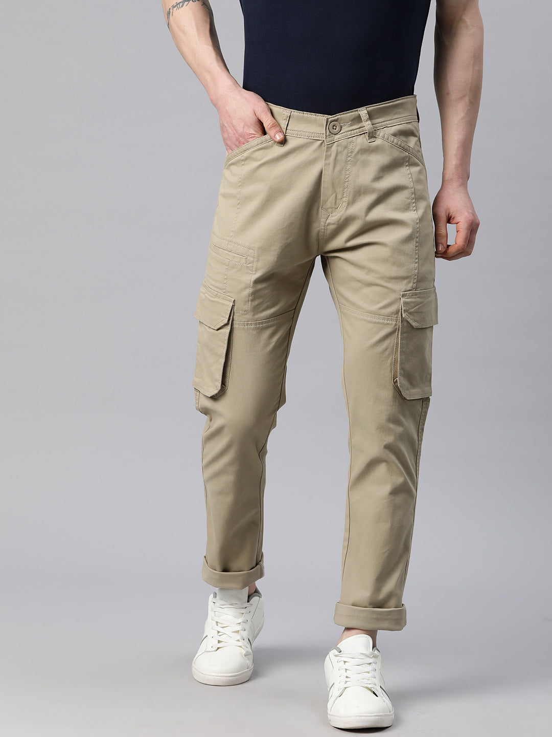 Men Khaki Slim Fit Cargo Trousers