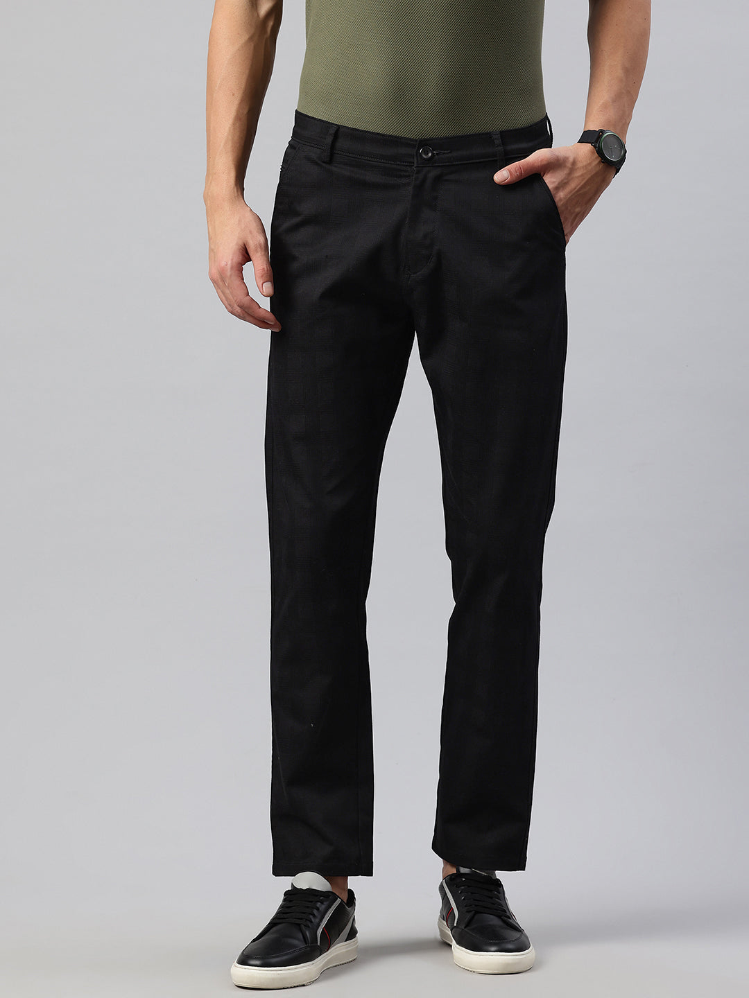 Men Black Relaxed Fit Checkered Trousers