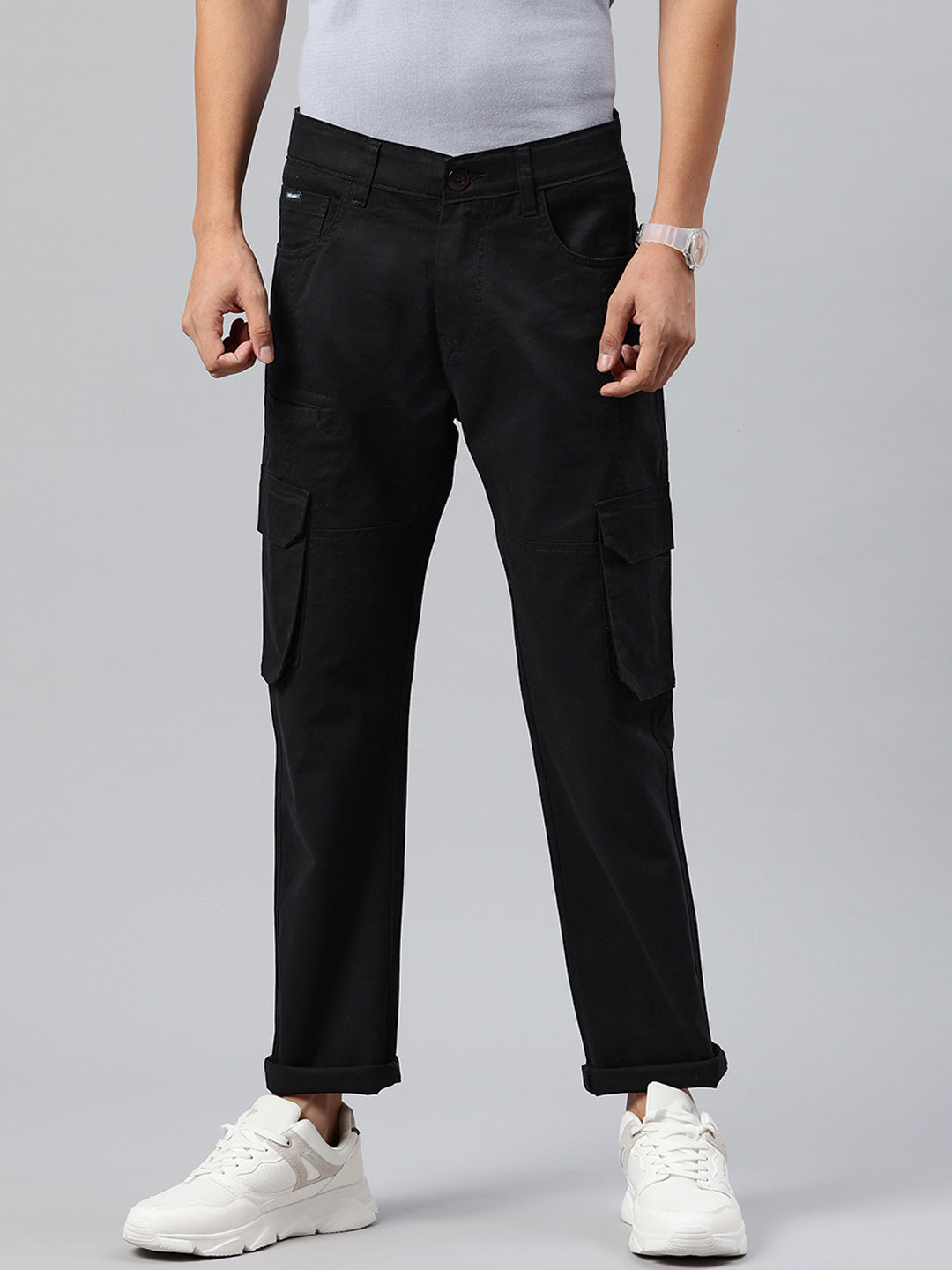 Men Black Relaxed Fit Stretchable Cargo Trousers