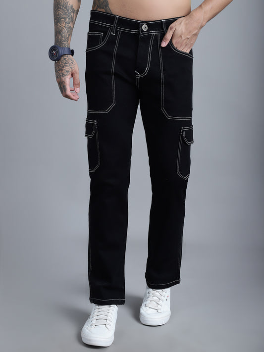 Men Black Mid Rise Regular Fit Cargo Stretchable Cotton Jeans