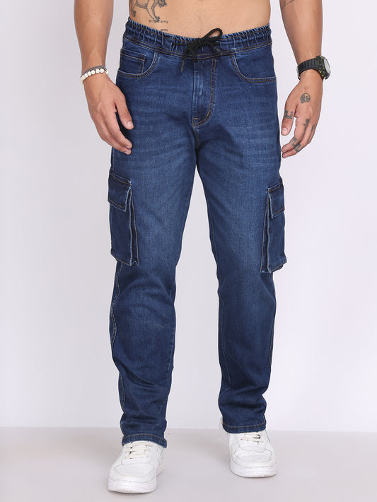 Men Blue Relaxed Fit Stretchable Cargo Jeans