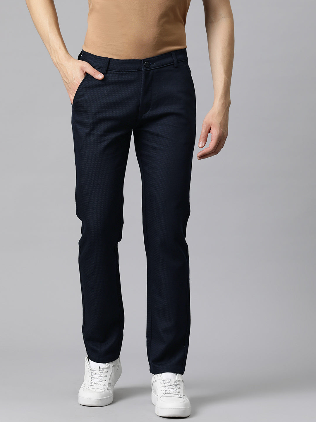 Men Navy Blue Self Design Stretchable Trousers