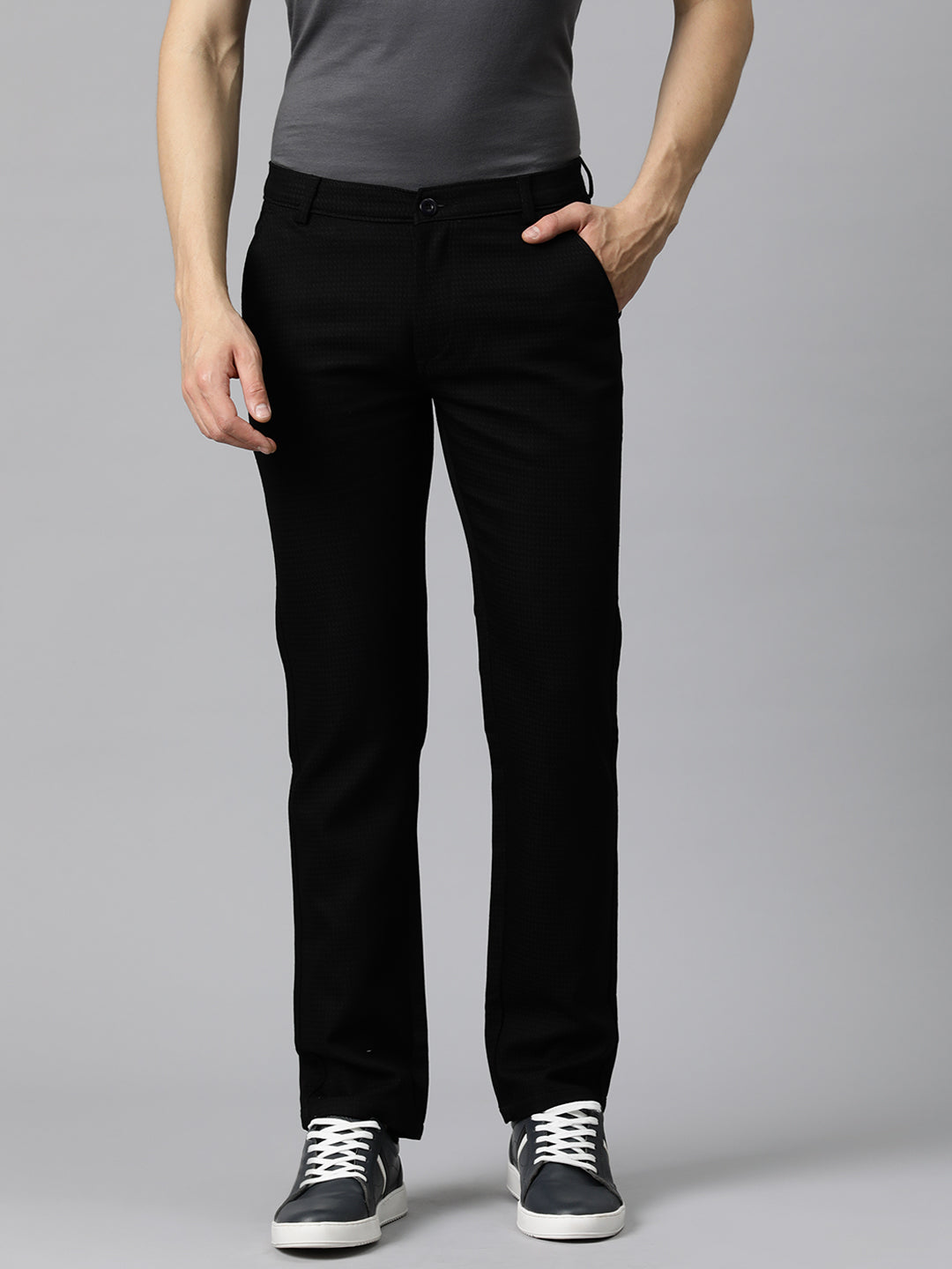Men Black Self Design Stretchable Trousers