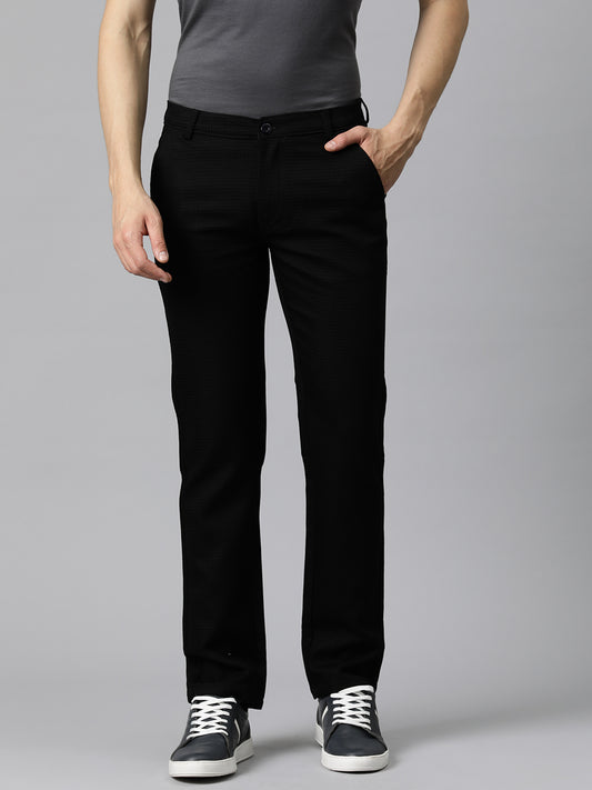 Men Black Self Design Stretchable Trousers