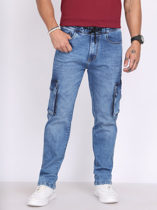 Men Blue Relaxed Fit Stretchable Cargo Jeans