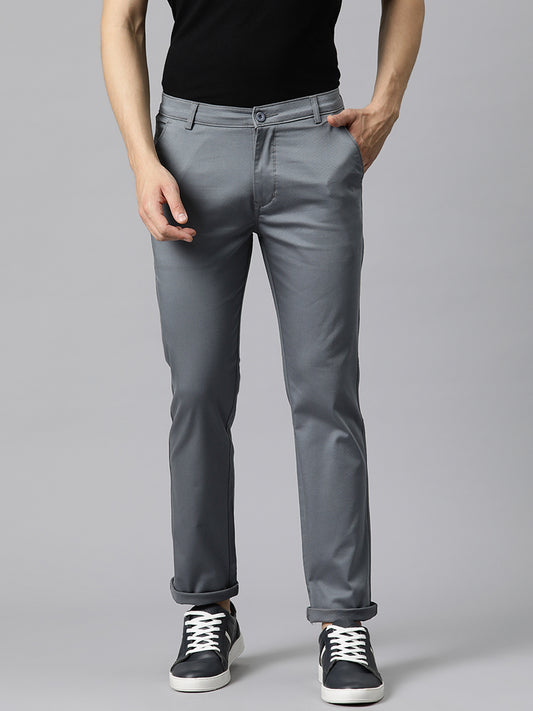 Men Grey Self Design Stretchable Trousers