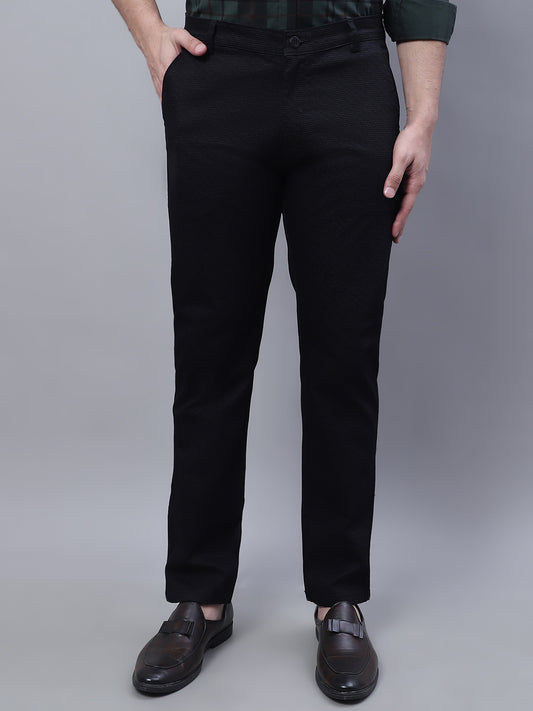 Men Black Slim Fit Self Design Trousers