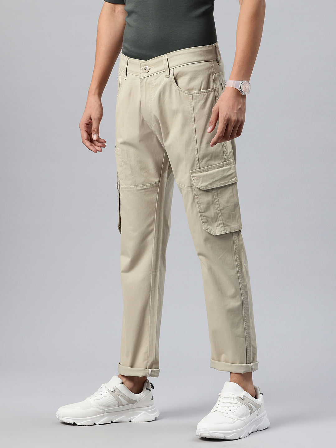 Men Beige Relaxed Fit Stretchable Cargo Trousers