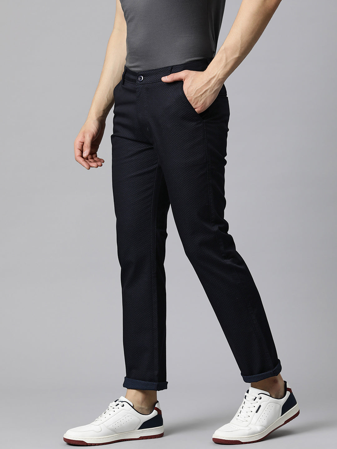 Men Navy Blue Self Design Stretchable Trousers