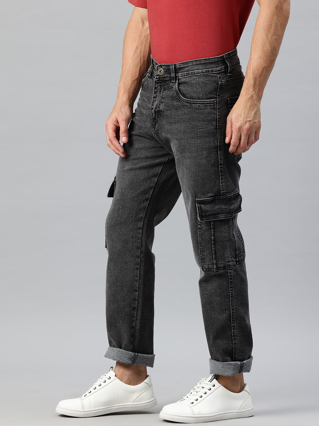 Men Grey Relaxed Fit Stretchable Cargo Jeans