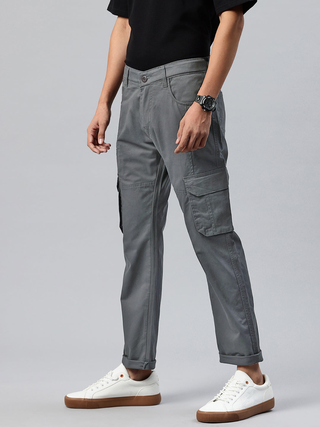 Men Grey Relaxed Fit Stretchable Cargo Trousers