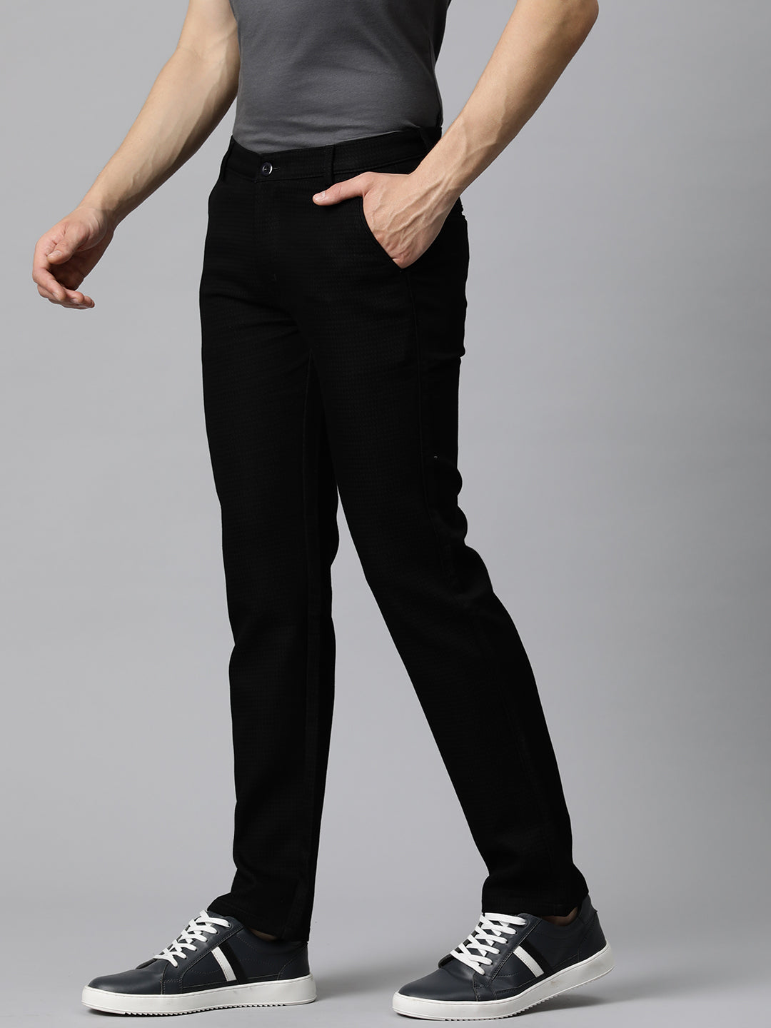 Men Black Self Design Stretchable Trousers