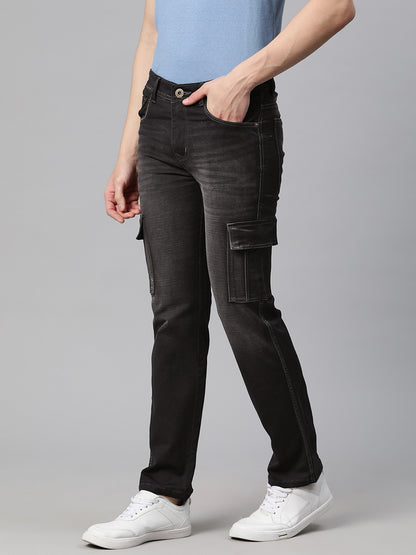 Men Black Relaxed Fit Stretchable Cargo Jeans