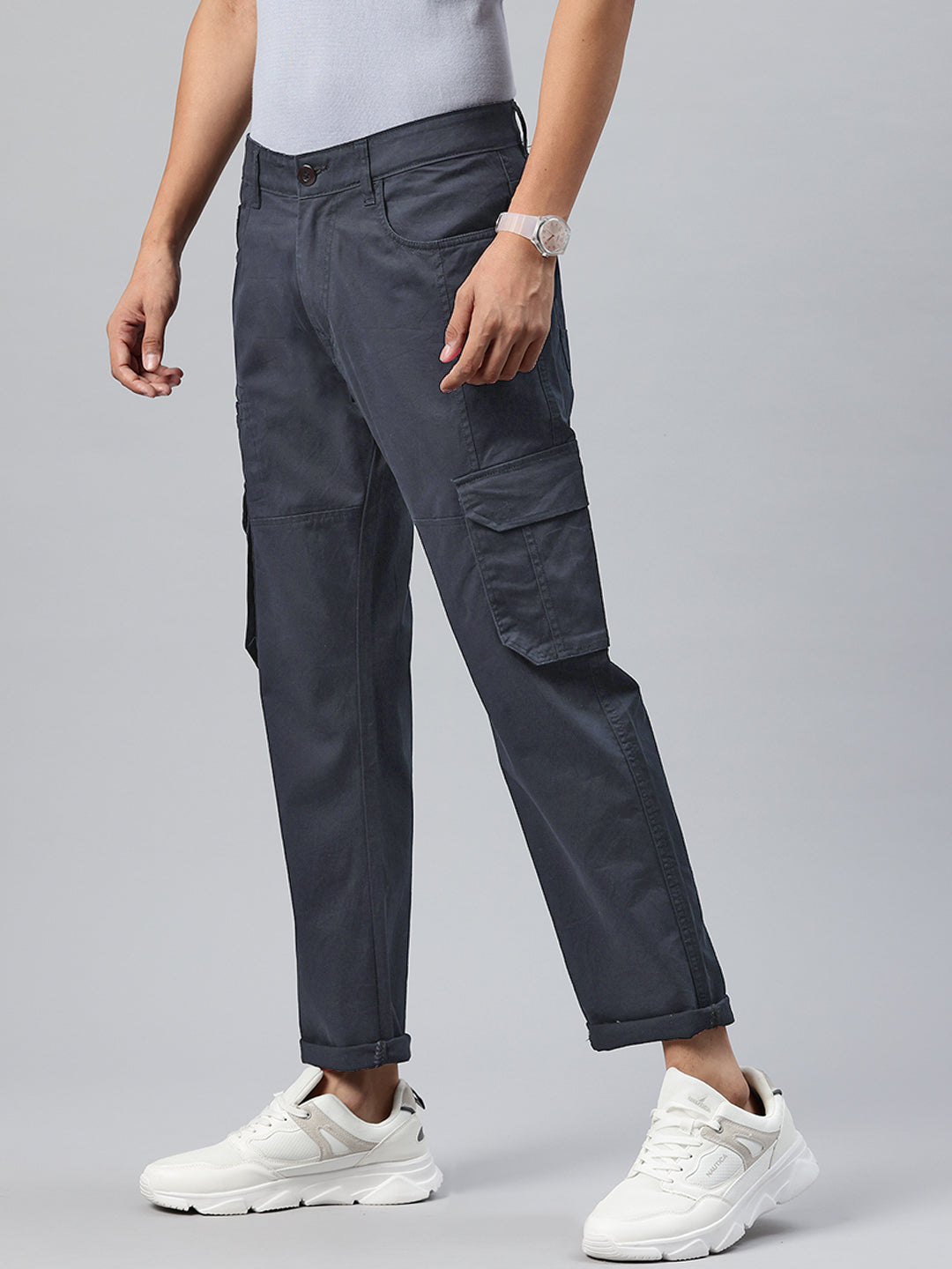 Men Navy Blue Relaxed Fit Stretchable Cargo Trousers