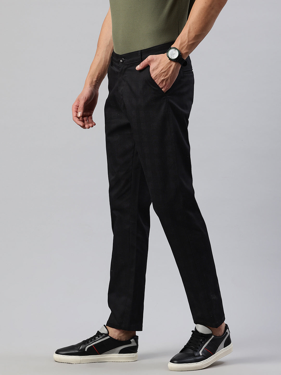 Men Black Relaxed Fit Checkered Trousers
