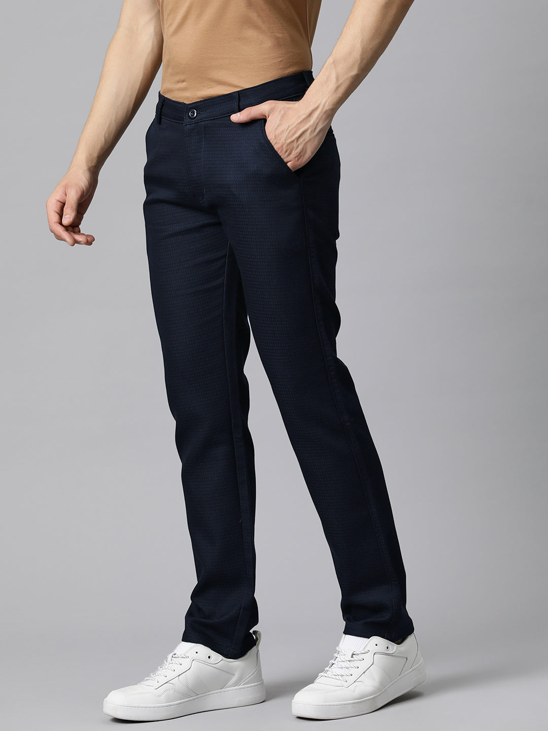 Men Navy Blue Self Design Stretchable Trousers