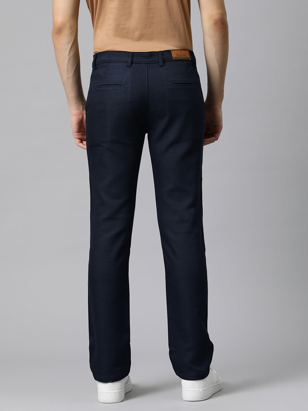 Men Navy Blue Self Design Stretchable Trousers