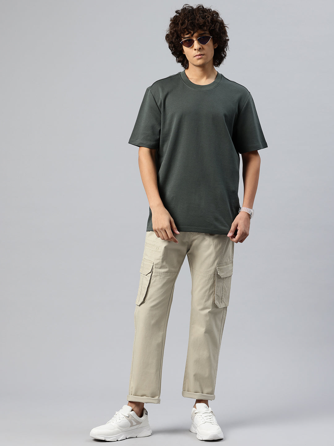 Men Beige Relaxed Fit Stretchable Cargo Trousers