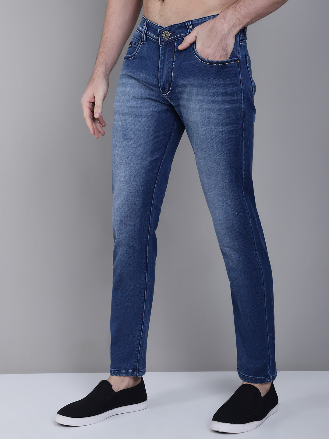 Men Blue Mid Rise Slim Fit Light Fade Stretchable Cotton Jeans