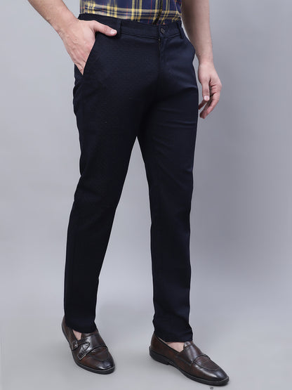 Men Navy Blue Slim Fit Self Design Trousers