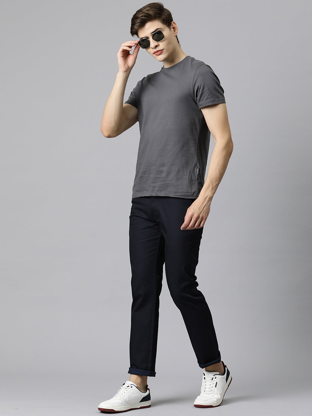 Men Navy Blue Self Design Stretchable Trousers