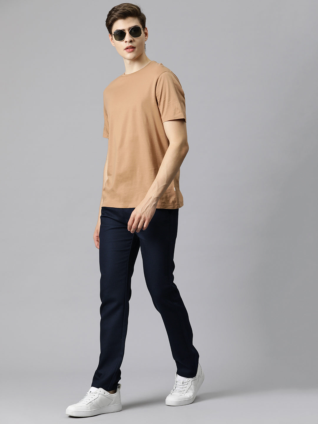 Men Navy Blue Self Design Stretchable Trousers