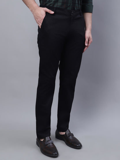 Men Black Slim Fit Self Design Trousers