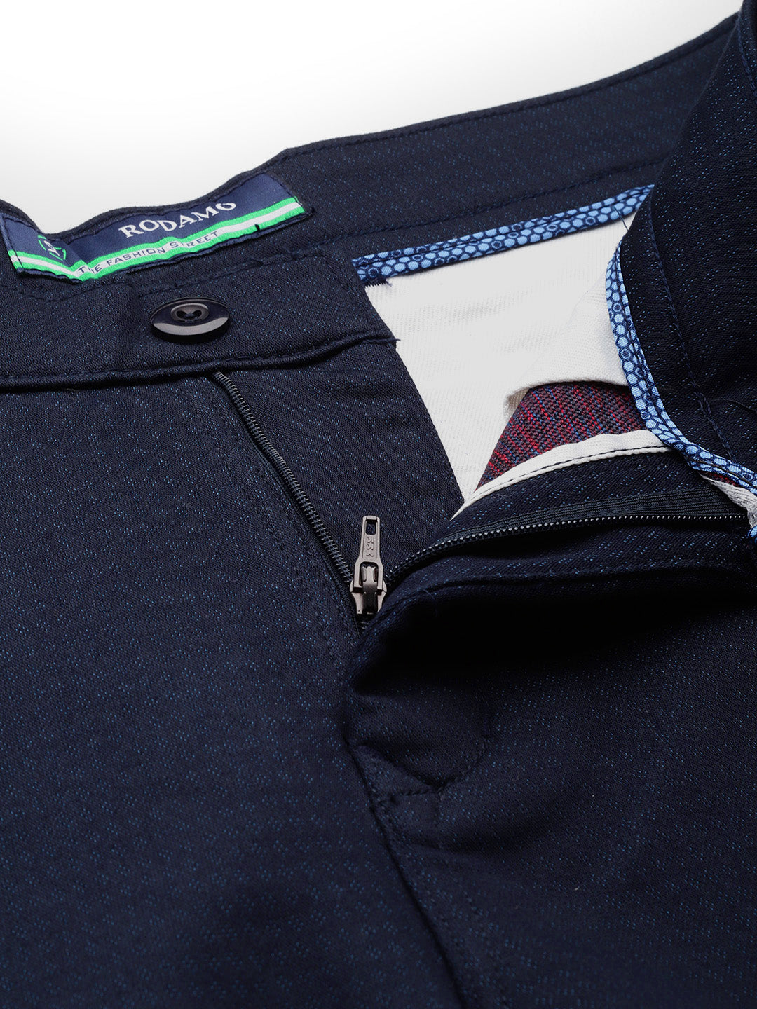 Men Navy Blue Self Design Stretchable Trousers