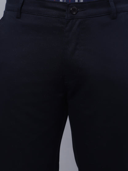 Men Navy Blue Slim Fit Self Design Trousers