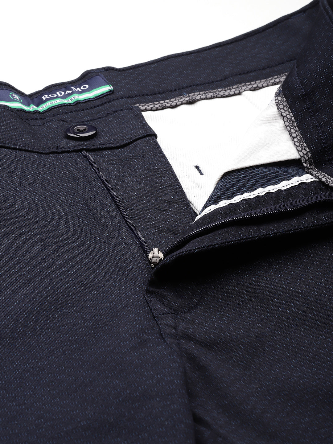 Men Navy Blue Self Design Stretchable Trousers