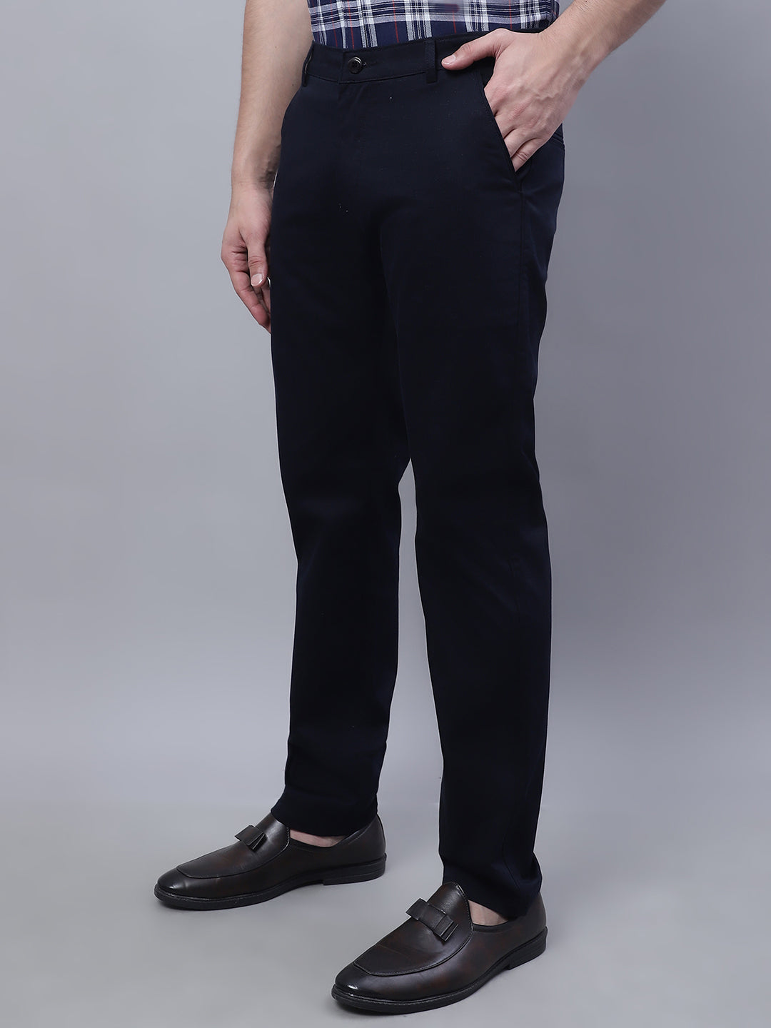 Men Navy Blue Slim Fit Self Design Trousers