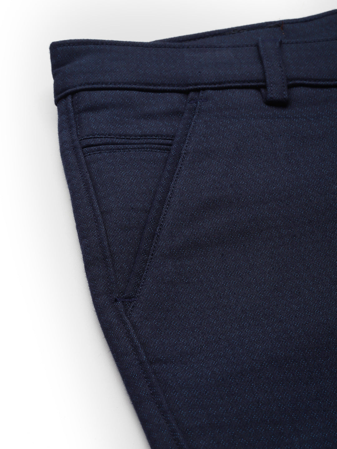 Men Navy Blue Self Design Stretchable Trousers