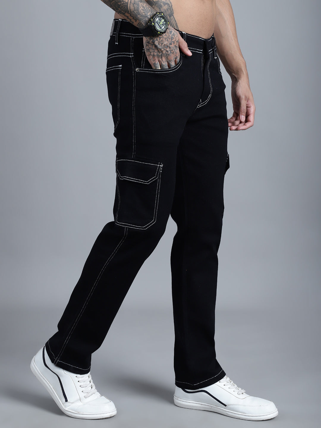 Men Black Mid Rise Regular Fit Cargo Stretchable Cotton Jeans