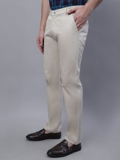 Men Beige Slim Fit Self Design Trousers