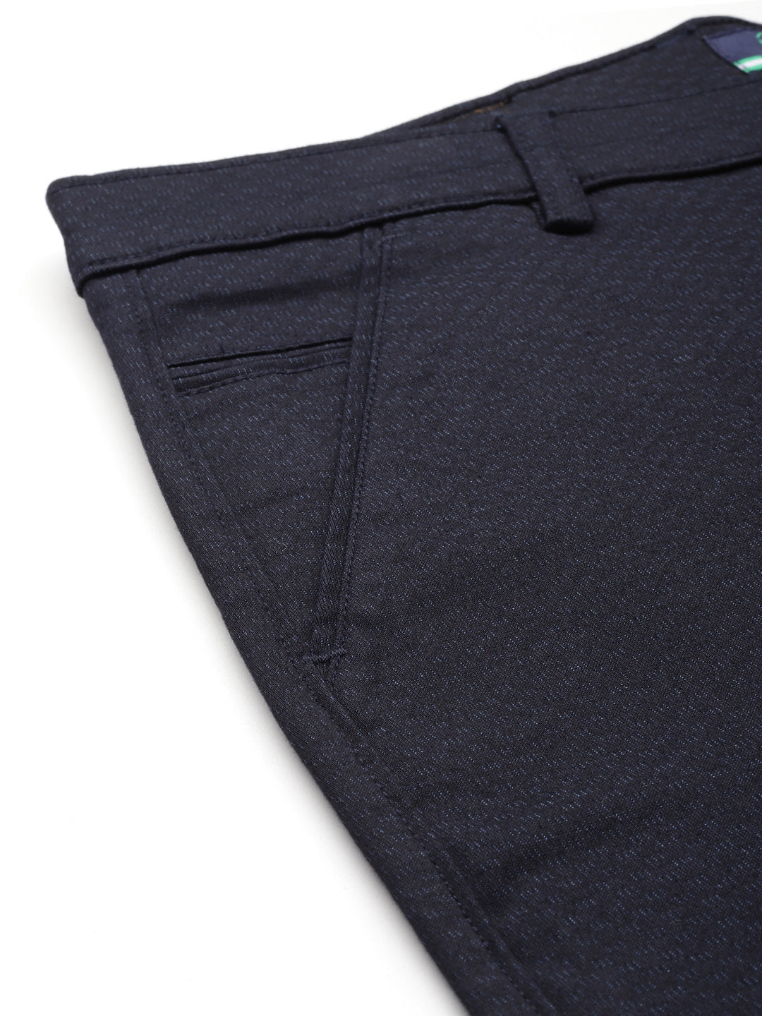 Men Navy Blue Self Design Stretchable Trousers