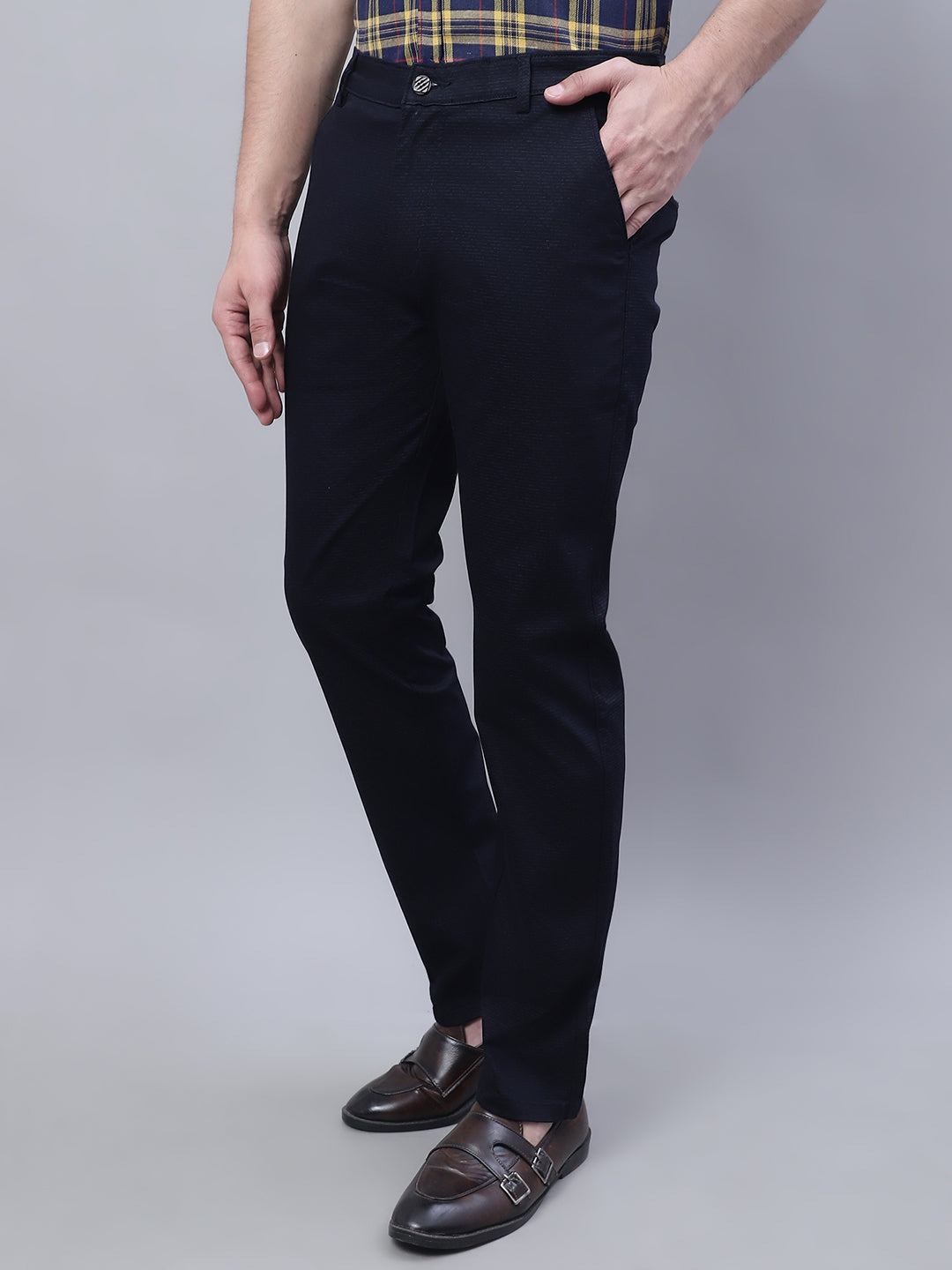 Men Navy Blue Slim Fit Self Design Trousers