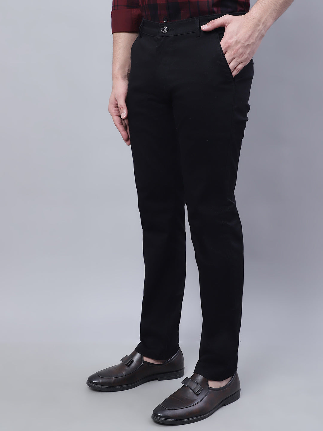 Men Black Slim Fit Self Design Trousers