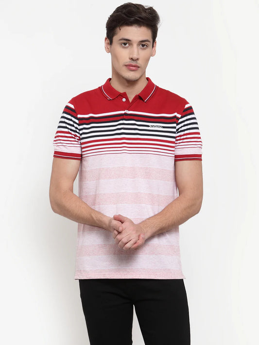 Men Red  Pink Striped Polo Collar T-shirt