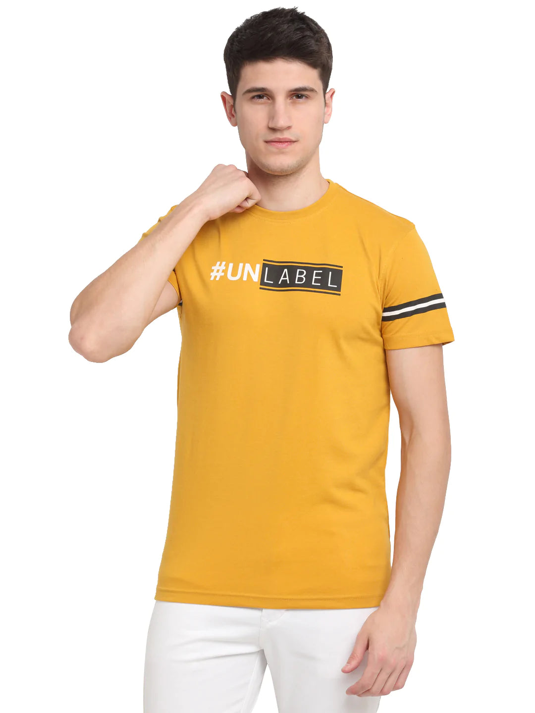 Men Mustard Yellow Graphic Printed Slim Fit T-shirt