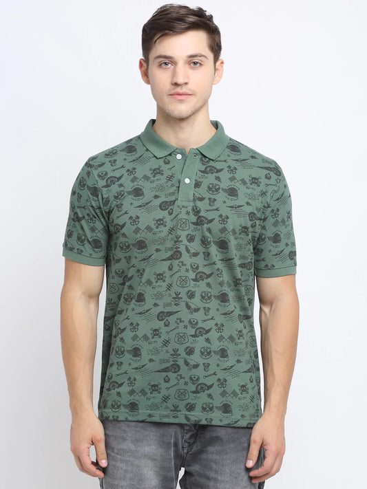 Men Green  Black Printed Polo Collar T-shirt