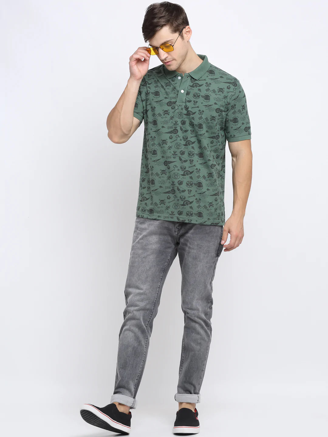 Men Green  Black Printed Polo Collar T-shirt