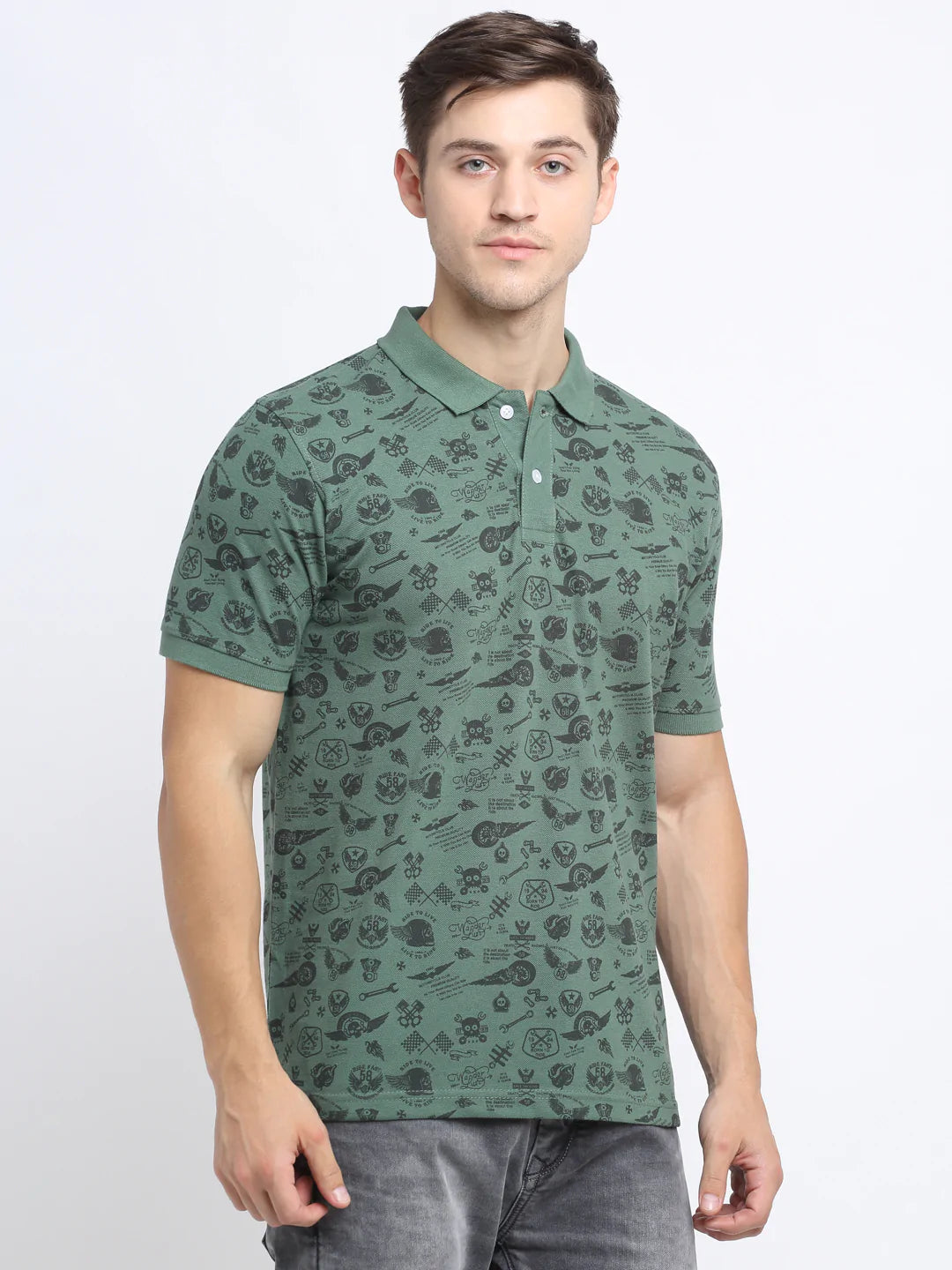 Men Green  Black Printed Polo Collar T-shirt