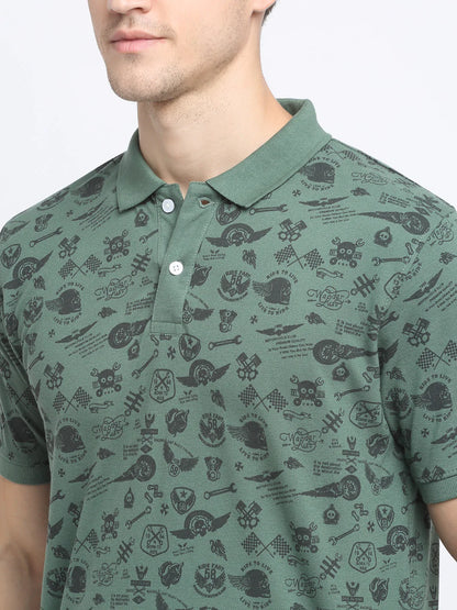 Men Green  Black Printed Polo Collar T-shirt