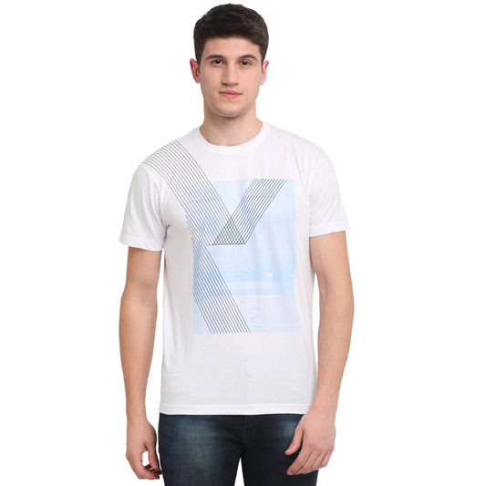 Men White  Blue Printed Round Neck T-shirt