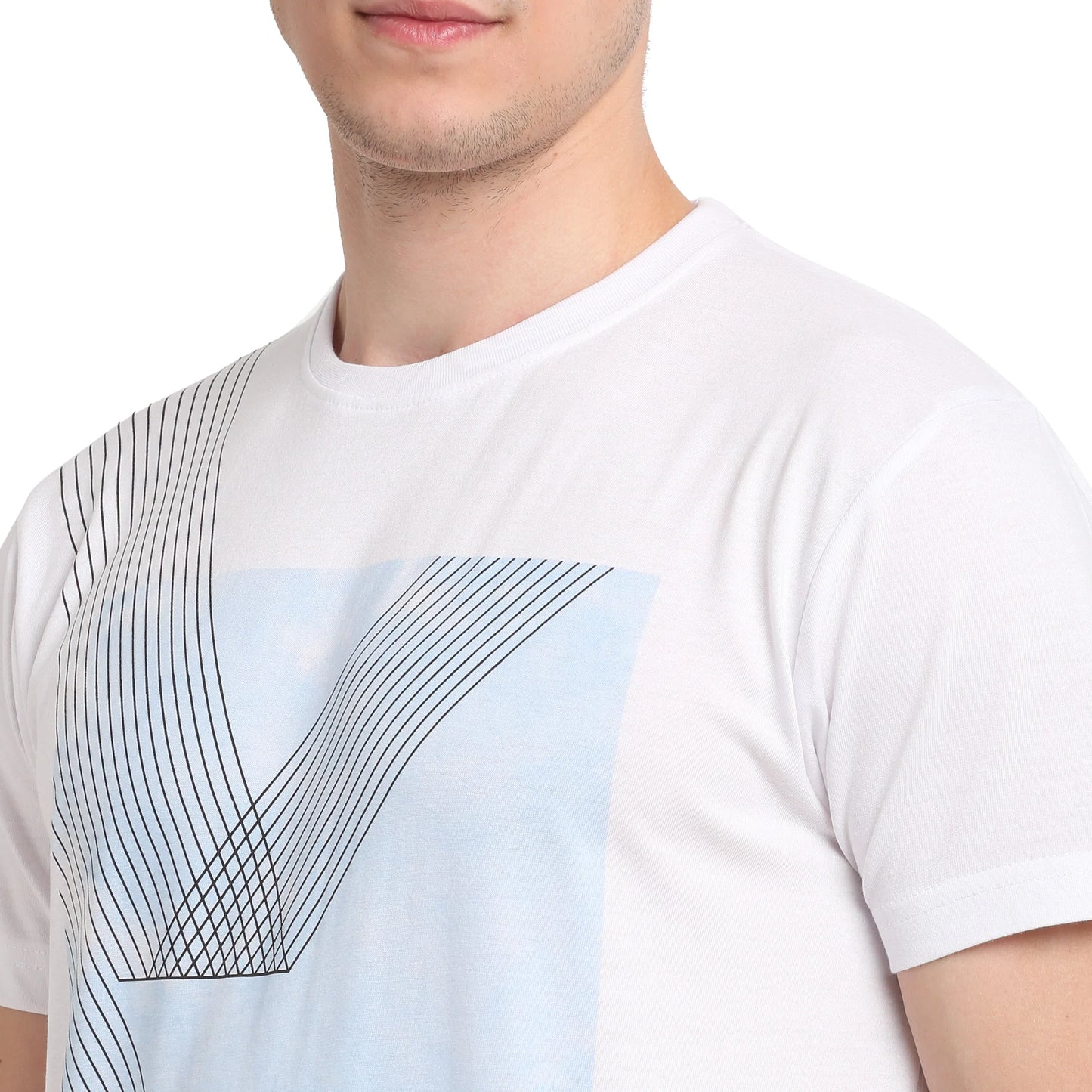 Men White Blue Printed Round Neck T-shirt