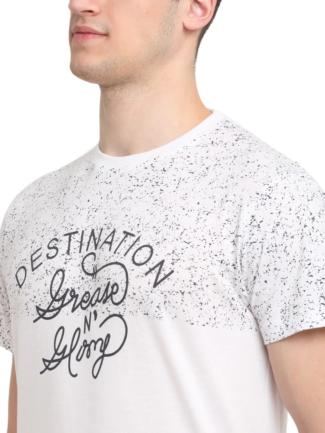 Men White Black Printed Round Neck T-shirt