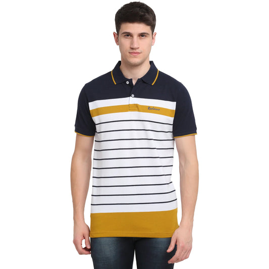 Men Horizontal Striped Polo Collar Slim Fit T-shirt