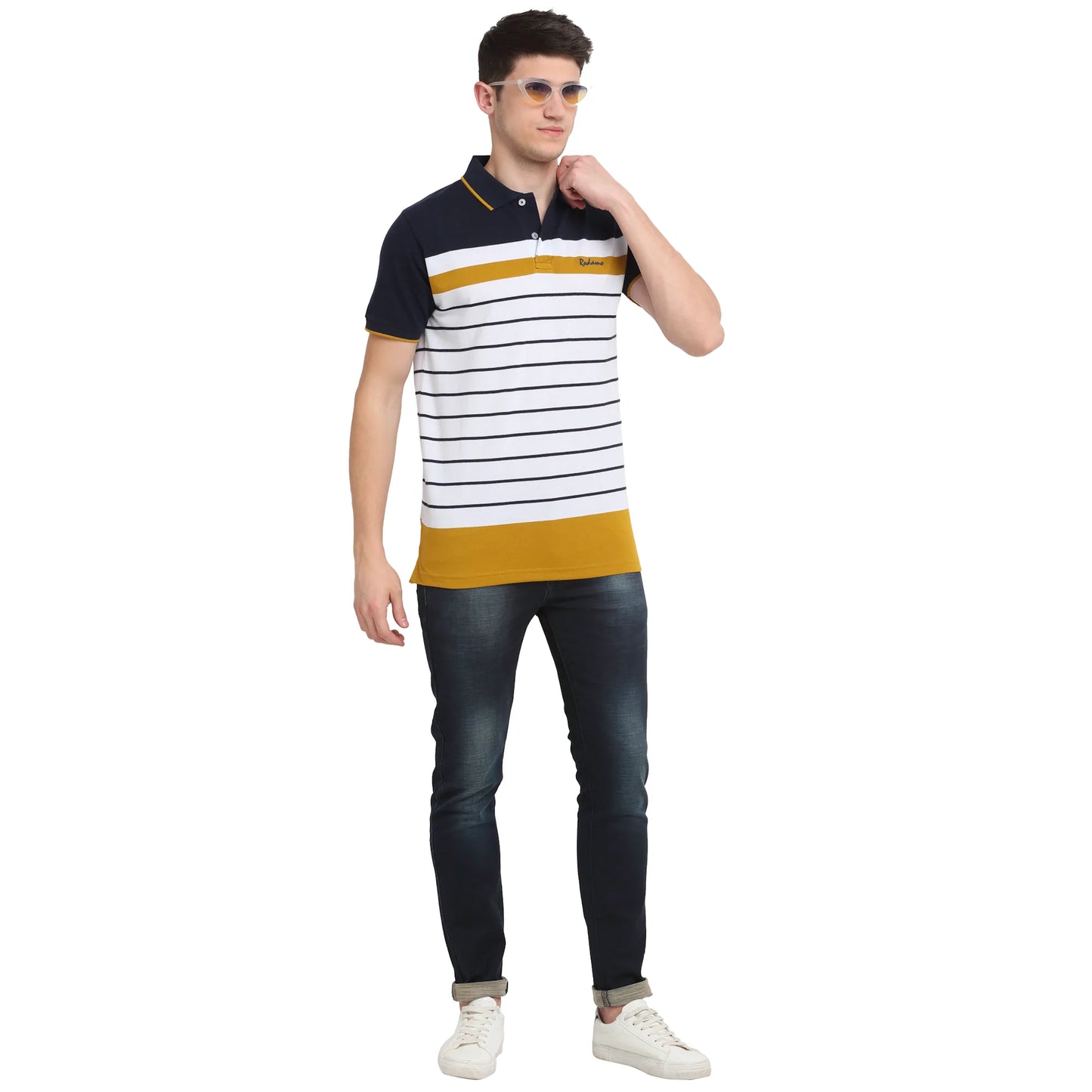 Men Horizontal Striped Polo Collar Slim Fit T-shirt