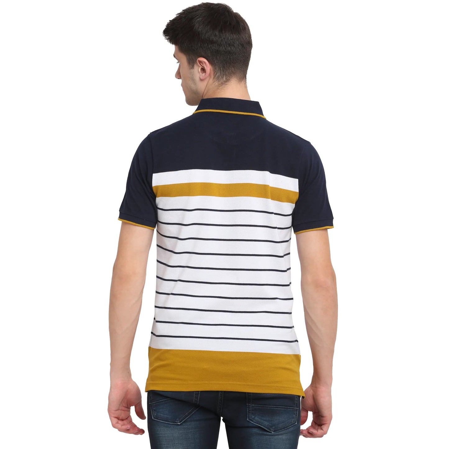 Men Horizontal Striped Polo Collar Slim Fit T-shirt