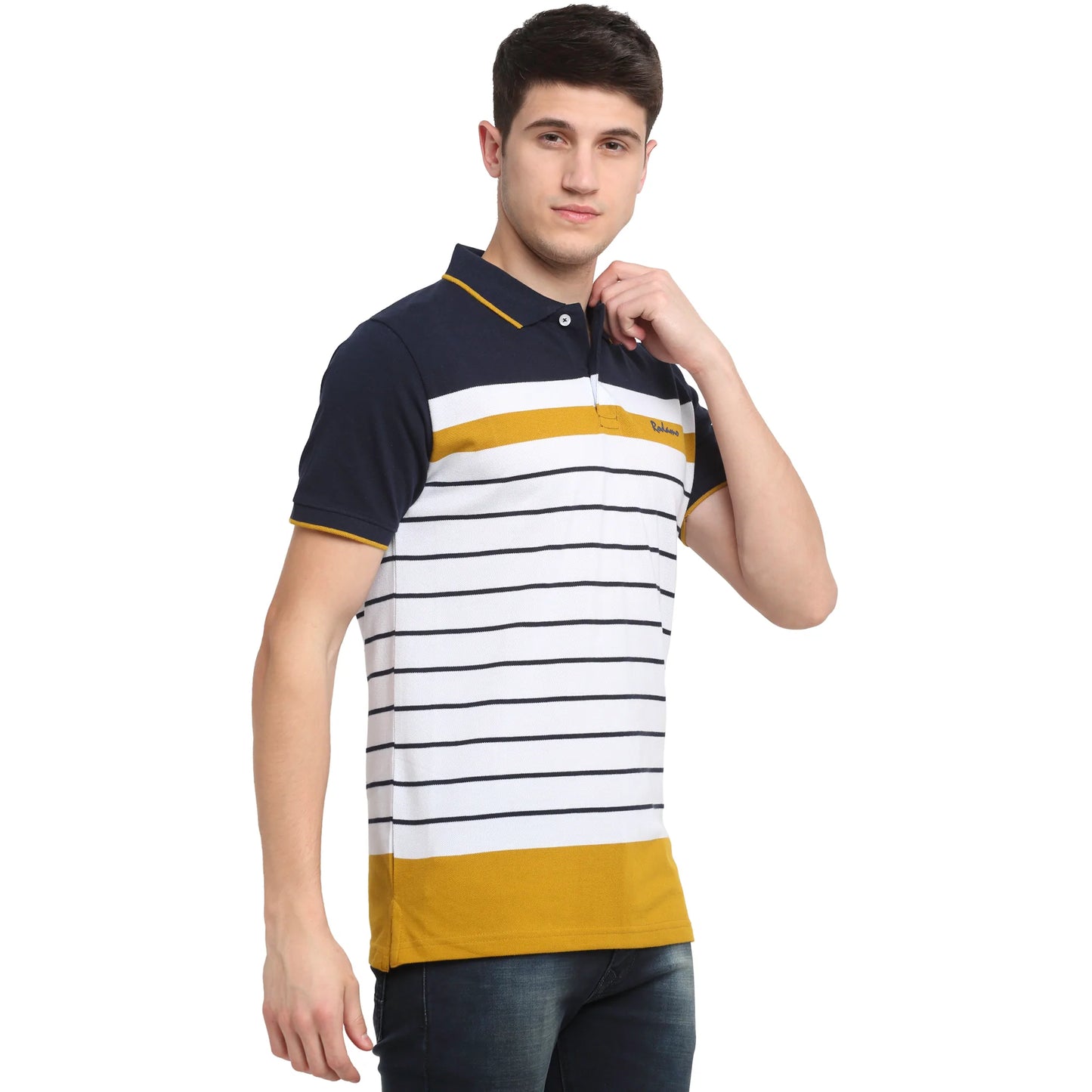Men Horizontal Striped Polo Collar Slim Fit T-shirt
